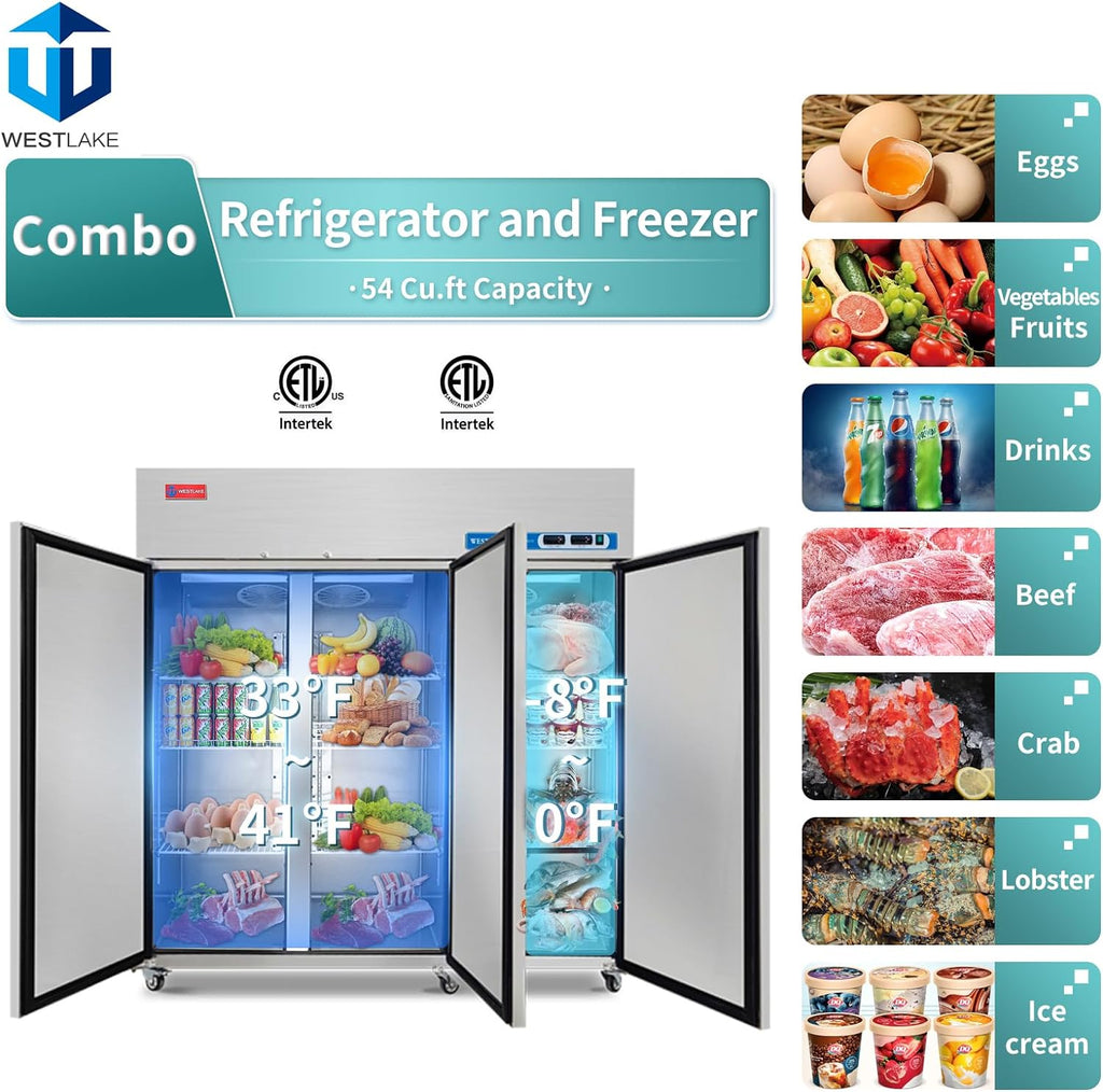 Commercial Refrigerator Freezer Combo, 3 door 54 Cu.ft Reach in Solid door Upright Fridge Freezer Combination
