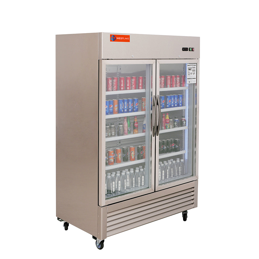 2 Glass Door Commercial Refrigerator, 49 Cu.ft Stainless Steel Reach in Upright Merchandiser