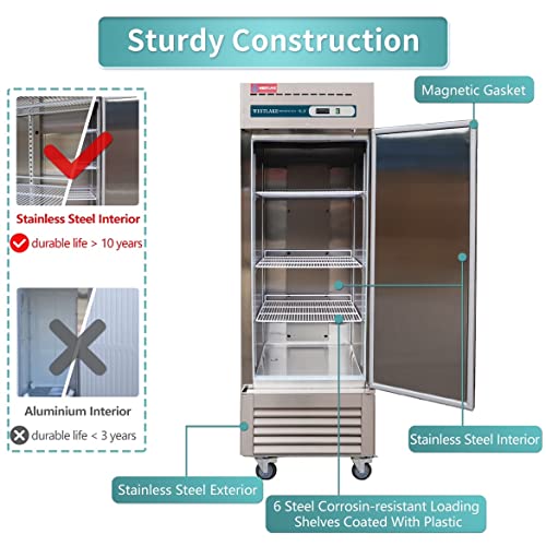 WESTLAKE Commercial Freezer, 27''W Upright Reach-in 1 Solid Door Upright Freezer for Restaurant, Bar, Shop, etc 23 Cu.ft