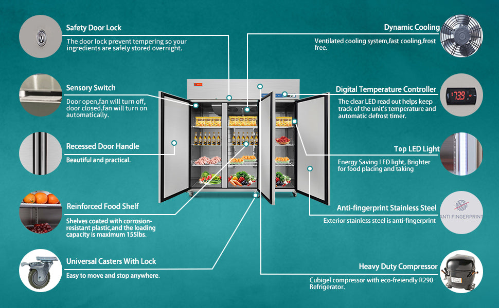 Commercial Reach in Freezer, 3 Door 54 Cu.ft Stainless Steel Commercial Reach in Solid Door Upright Fan Cooling Freezer