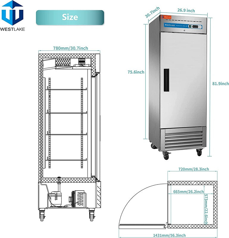 Commercial Reach in Fridge, 23 Cu.ft Stainless Steel Reach in