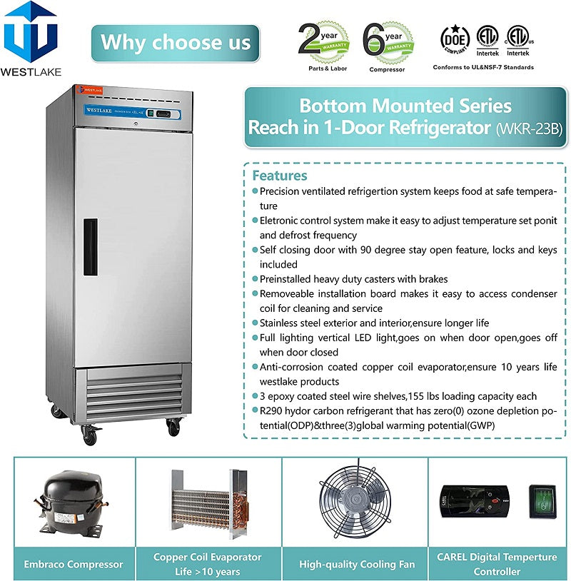 Commercial Reach in Fridge, 23 Cu.ft Stainless Steel Reach in Upright Fan Cooling Refrigerator