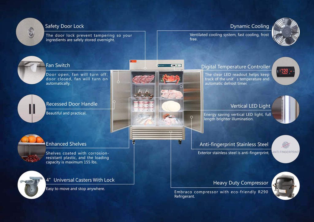 Commercial Reach in Freezer, WESTLAKE 2 door Commercial Freezer 49 Cu.ft Stainless Steel Restaurant Upright Freezer