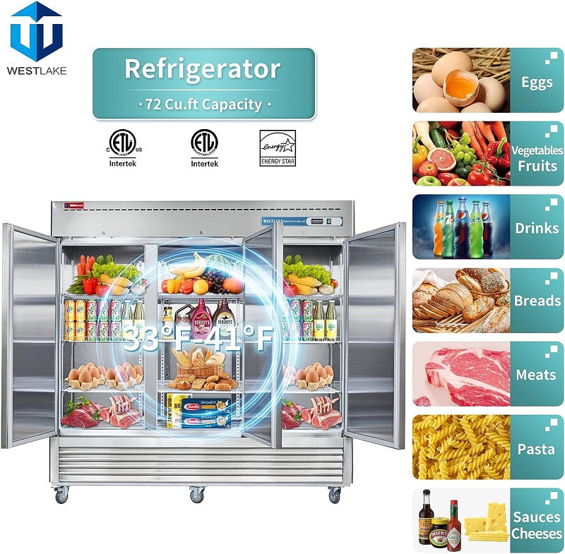 Commercial Reach in Refrigerator, 3 door 72 Cu.ft Stainless Steel Commercial Upright Refrigerator