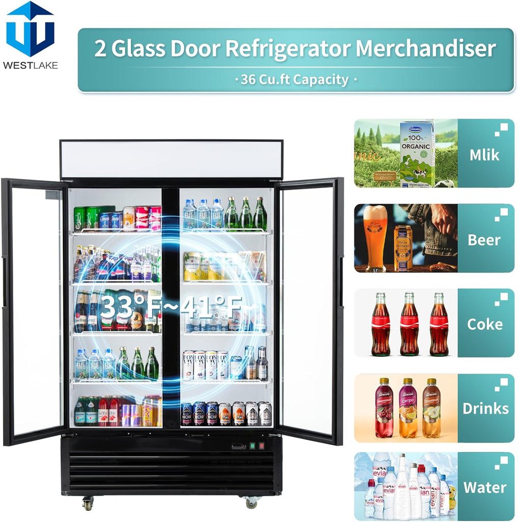 2 Glass Door Commercial Refrigerator, 36 Cu.ft Stainless Steel Reach in Upright Merchandiser