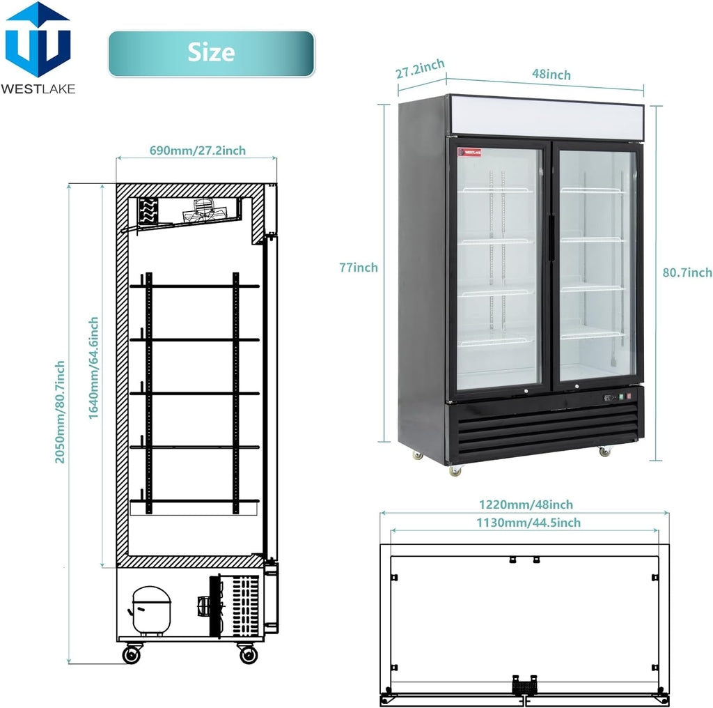 2 Glass Door Commercial Refrigerator, 36 Cu.ft Stainless Steel Reach in Upright Merchandiser