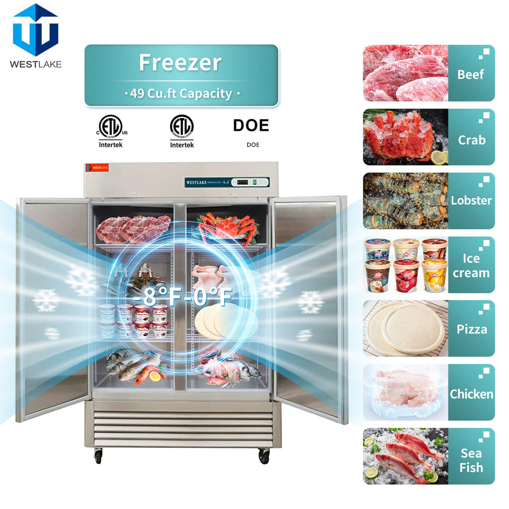 Commercial Reach in Freezer, WESTLAKE 2 door Commercial Freezer 49 Cu.ft Stainless Steel Restaurant Upright Freezer