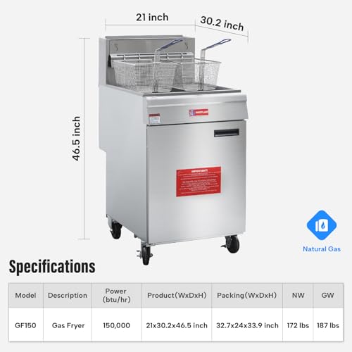 WESTLAKE Commercial Gas Deep Fryer, Stainless Steel Free Standing Floor Frye with Baskets 3 Tube 150000 BTU 31-37L for Restaurants