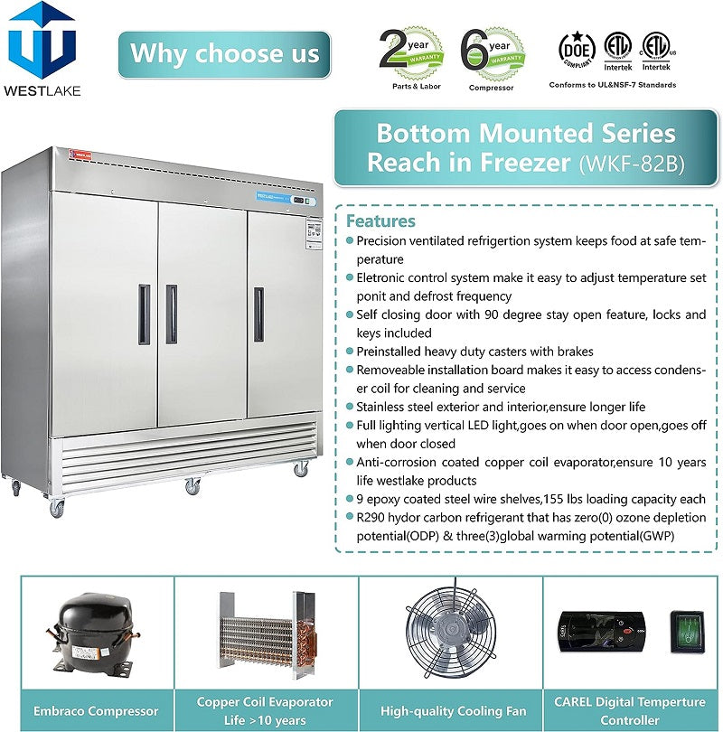 Commercial Reach in Freezer, 3 door 72 Cu.ft Stainless Steel Commercial Upright Freezer