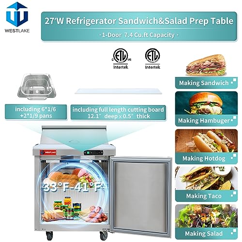 27 inch Salad Sandwich Prep Table Refrigerator, Stainless Steel Single Door Food Prep Cooler