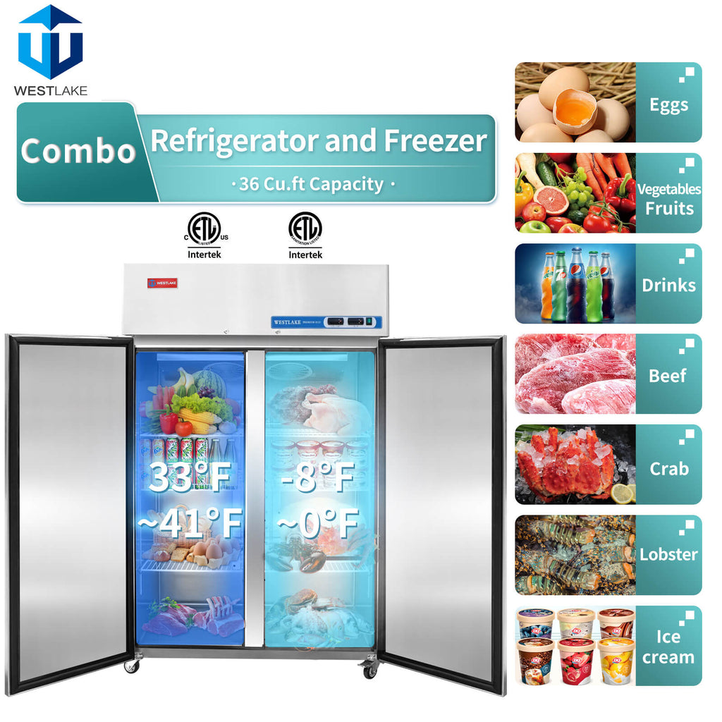Commercial Refrigerator Freezer Combo, 2 door 36 Cu.ft Reach in Solid door Upright Fridge Freezer Combination