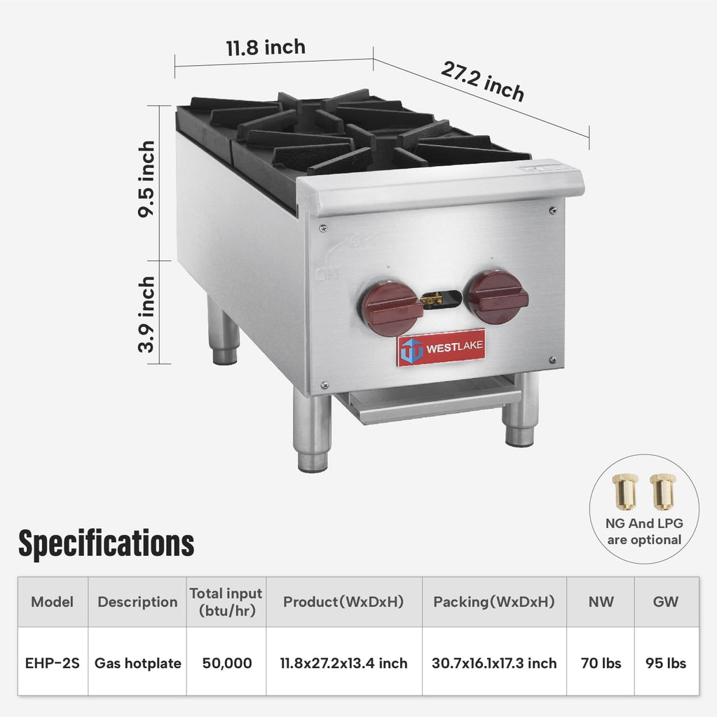 WESTLAKE Commercial Gas Range, 2 Burners Gas Stove with 50,000 BTU, 12