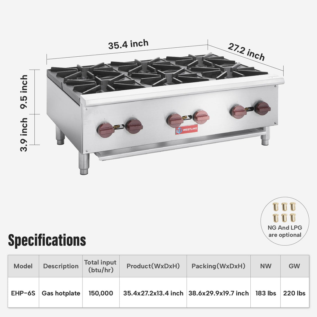 WESTLAKE Commercial Gas Range, 6 Burners Gas Stove with 150,000 BTU, 36