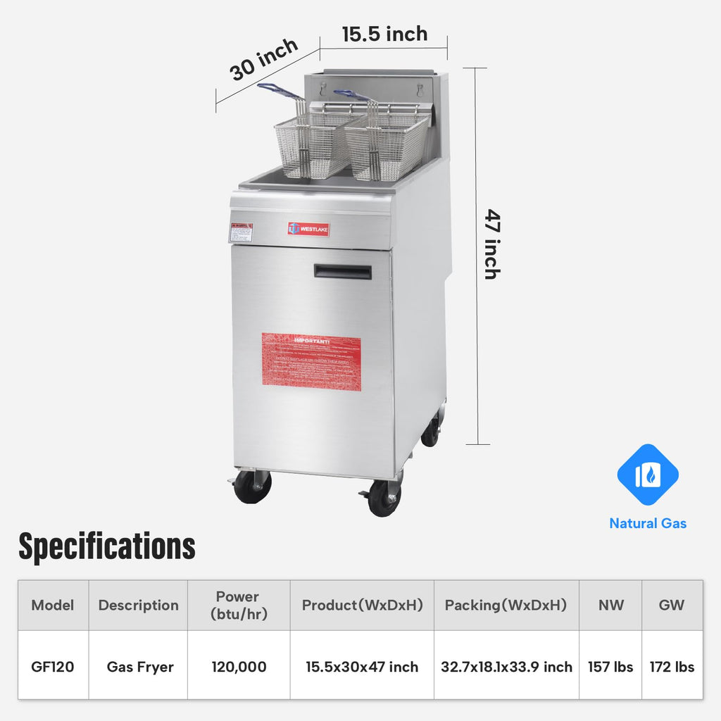 WESTLAKE Commercial Gas Deep Fryer, Stainless Steel Free Standing Floor Frye with Baskets 3 Tube 120000 BTU 21.3-25L for Restaurants