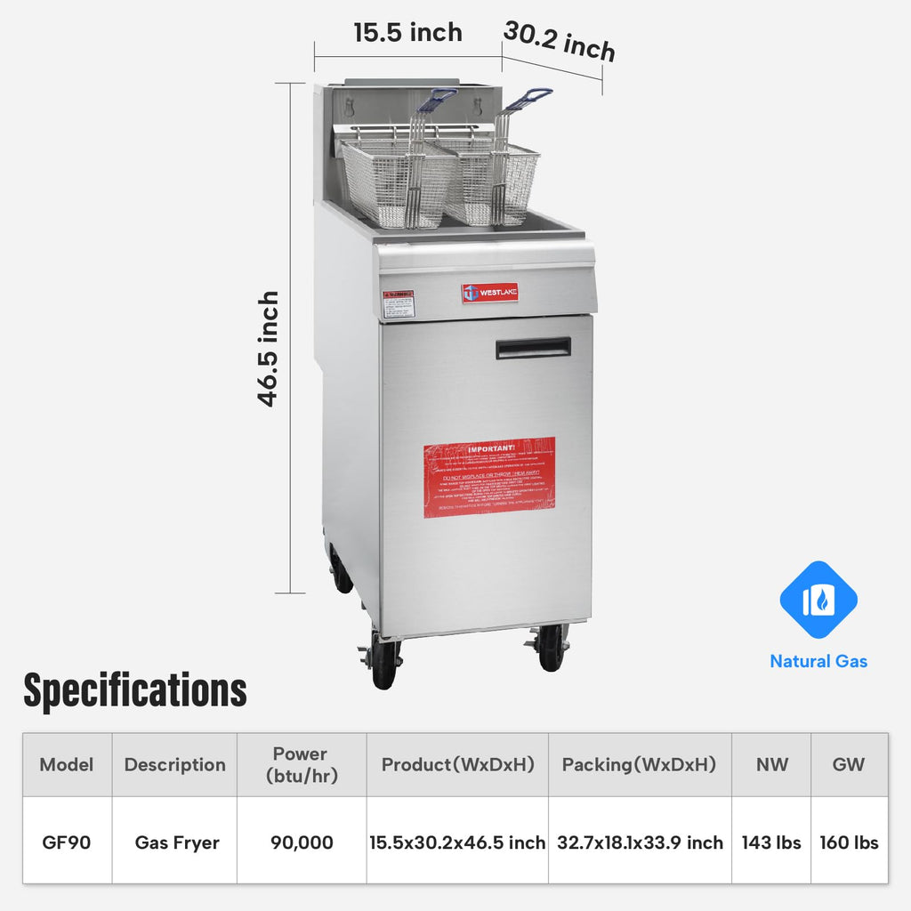 WESTLAKE Commercial Gas Deep Fryer, Stainless Steel Free Standing Floor Frye with Baskets 3 Tube 90000 BTU 18.5-23L for Restaurants