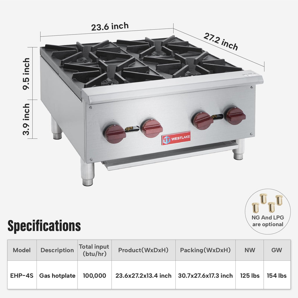 WESTLAKE Commercial Gas Range, 4 Burners Gas Stove with 100,000 BTU, 24