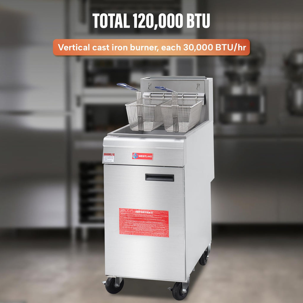 WESTLAKE Commercial Gas Deep Fryer, Stainless Steel Free Standing Floor Frye with Baskets 3 Tube 120000 BTU 21.3-25L for Restaurants