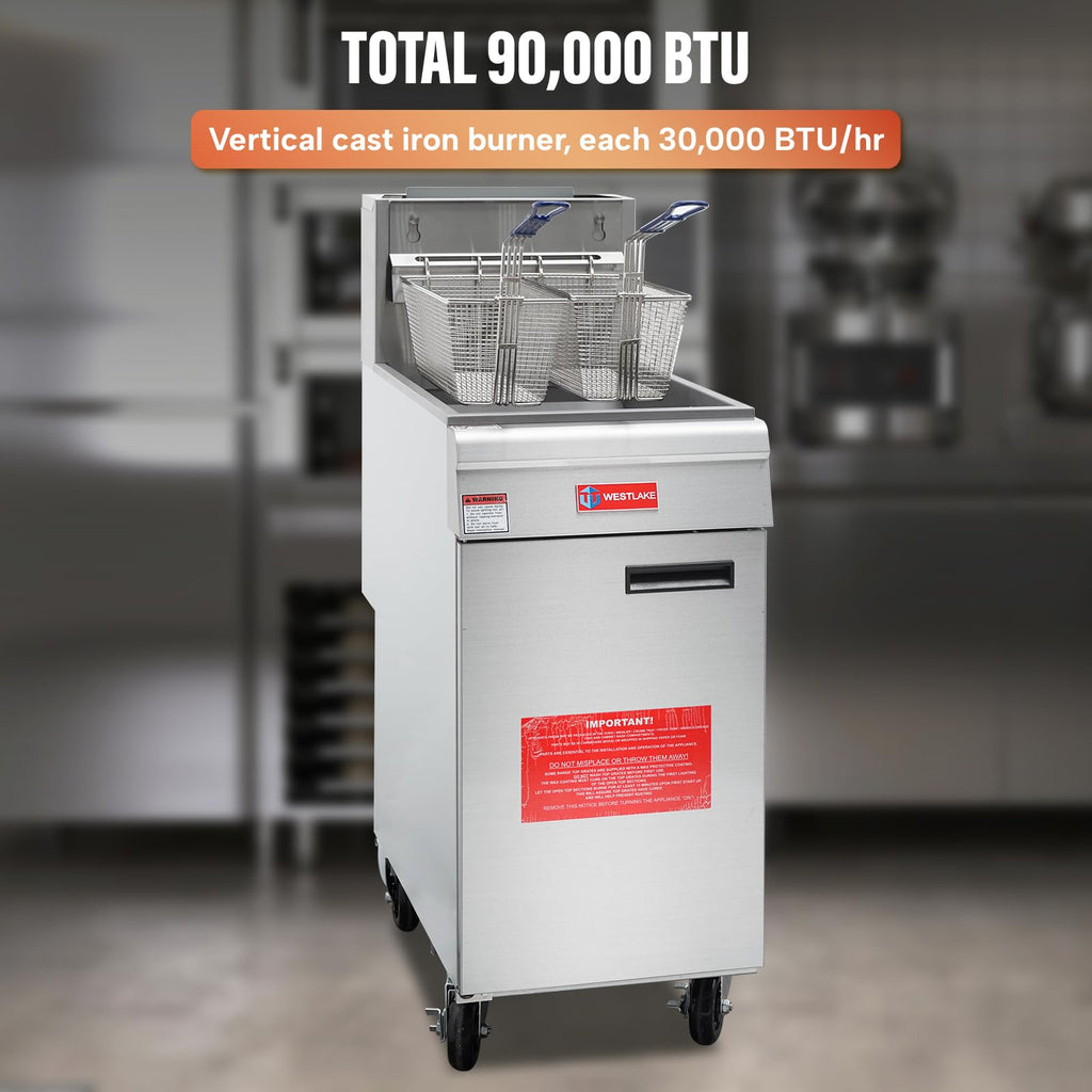 Commercial Deep Fryer, WESTLAKE 37-46 lb. Stainless Steel Commercial Gas Floor Fryer with Casters - 90,000 BTU