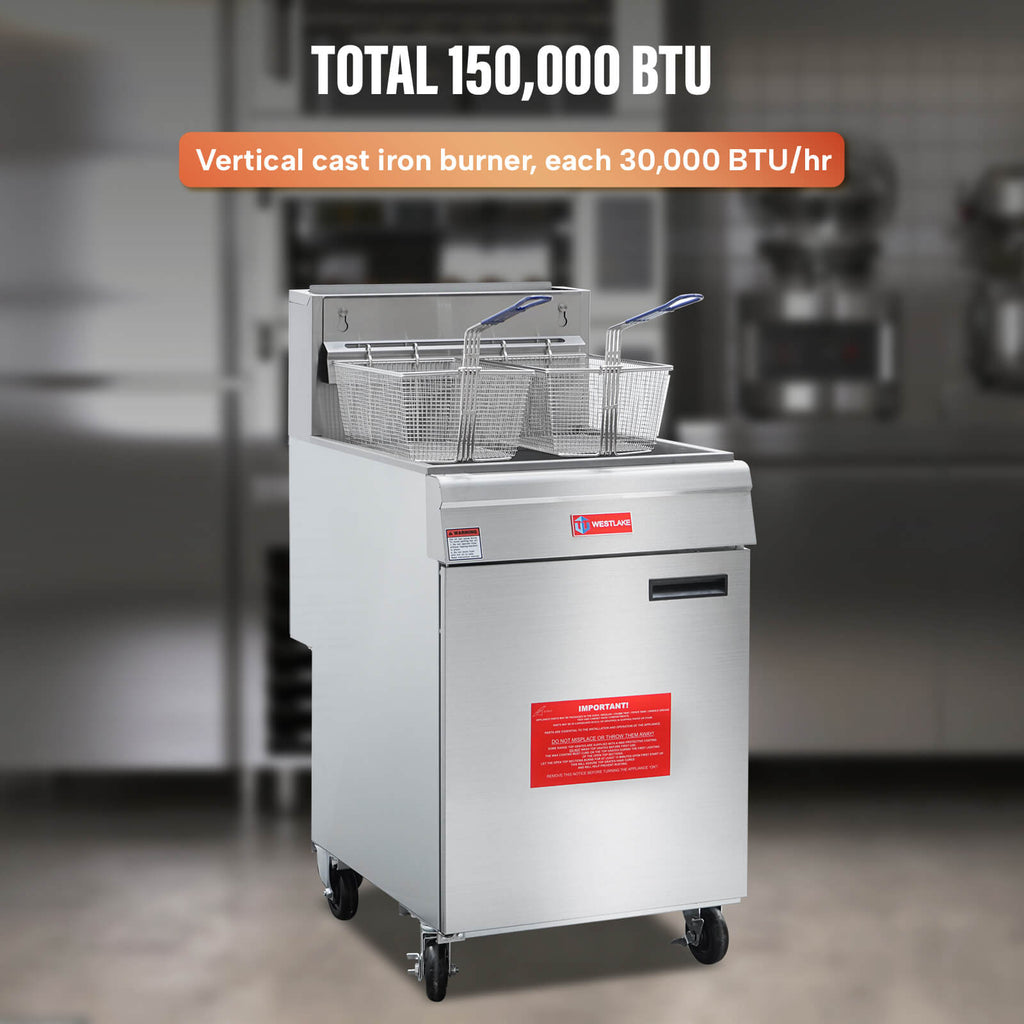 Commercial Deep Fryer, WESTLAKE 62-74 lb. Stainless Steel Commercial Gas Floor Fryer with Casters - 150,000 BTU