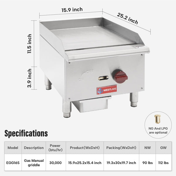 Commercial Gas Griddle, WESTLAKE 16" Countertop Griddle 1 Burner Plate ...