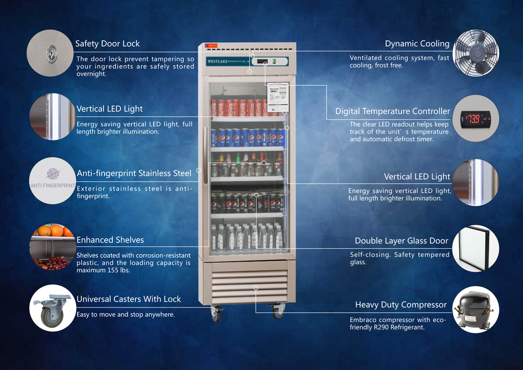 1 Glass Door Commercial Refrigerator, 23 Cu.ft Stainless Steel Reach in Upright Merchandiser