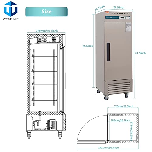 WESTLAKE Commercial Freezer, 27''W Upright Reach-in 1 Solid Door Upright Freezer for Restaurant, Bar, Shop, etc 23 Cu.ft
