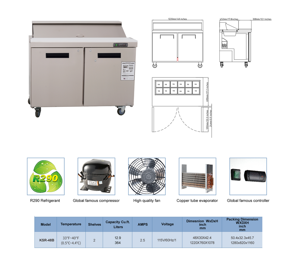 48 inch Salad Sandwich Prep Table Refrigerator, Stainless Steel Food Prep Cooler