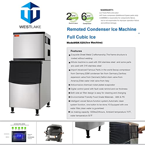Westlake Commercial Ice Machine, Full Cube Ice Maker Machine 500 lbs Ice with 375lbs Storage Capacity