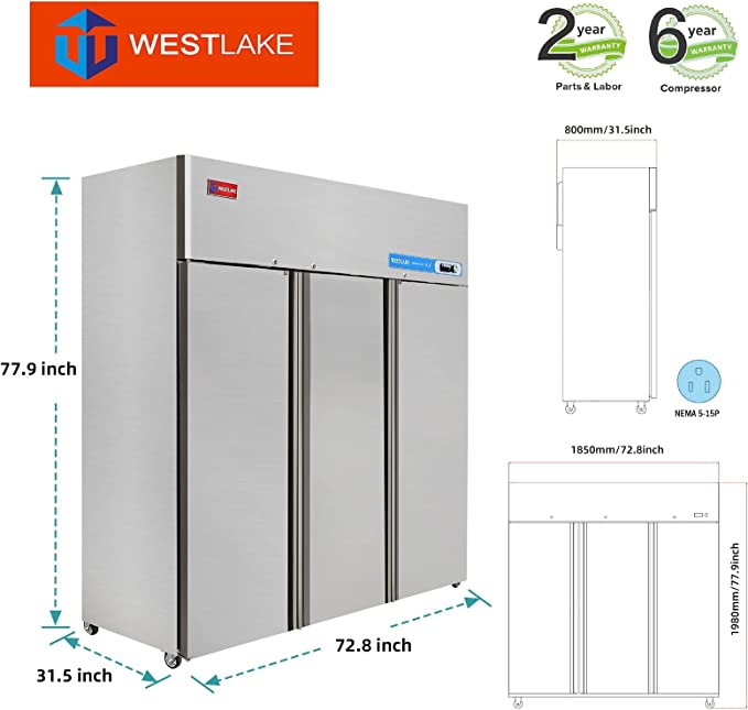 Commercial Reach in Freezer, 3 Door 54 Cu.ft Stainless Steel Commercial Reach in Solid Door Upright Fan Cooling Freezer