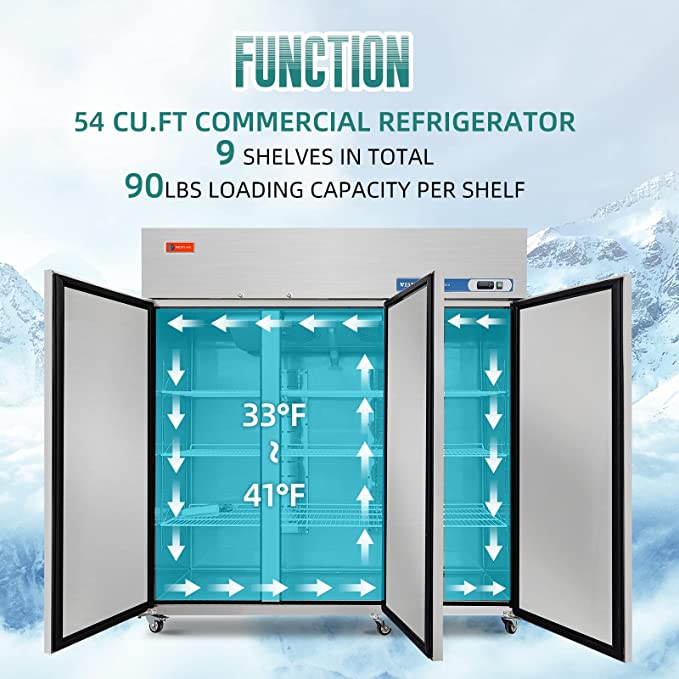 Commercial Reach in Fridge, 3 door 54 Cu.ft  Stainless Steel Commercial Reach in Solid door Upright refrigerator