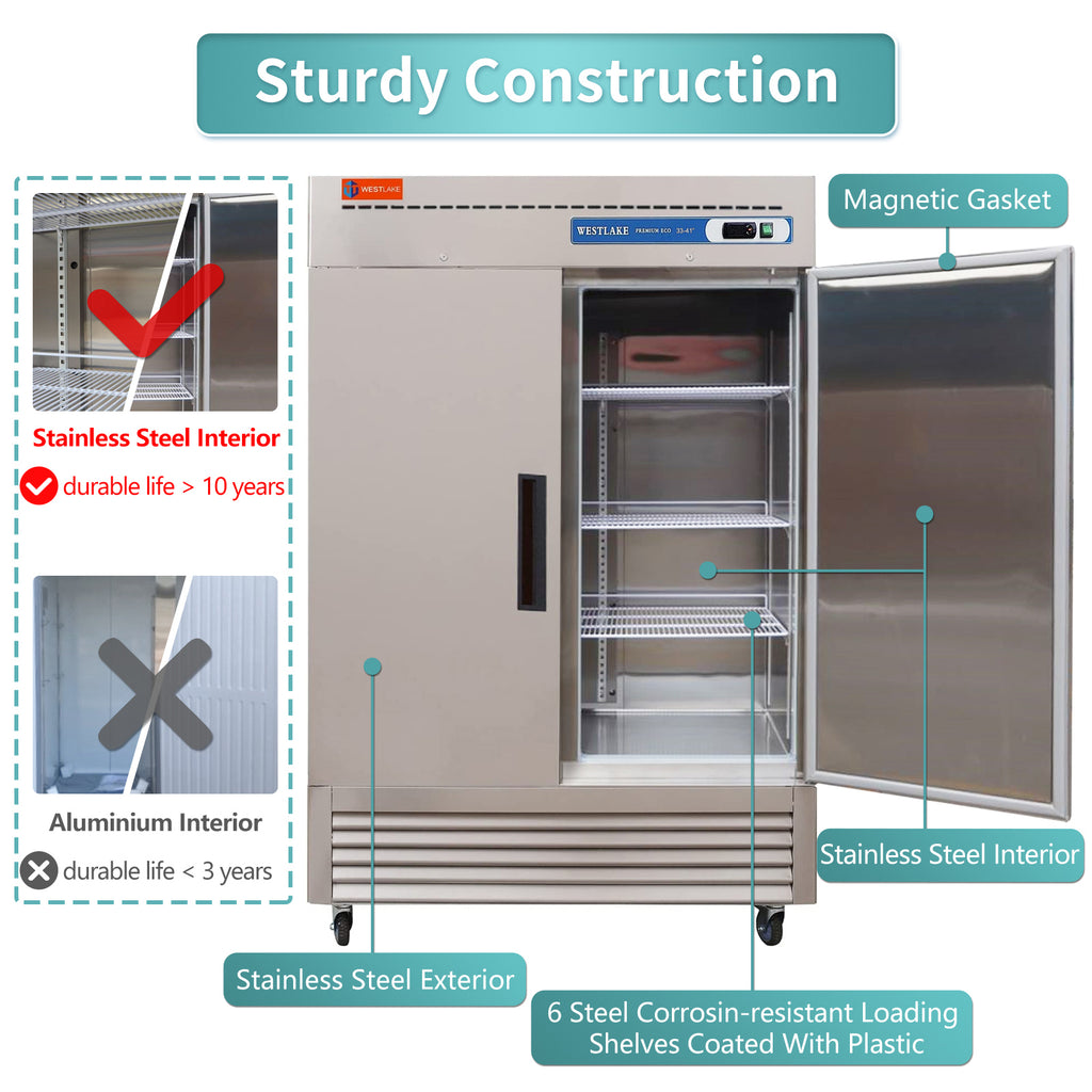 Commercial Reach in Freezer, WESTLAKE 2 door Commercial Freezer 49 Cu.ft Stainless Steel Restaurant Upright Freezer