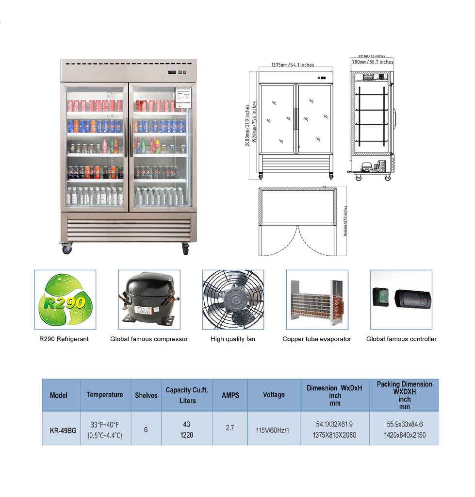 2 Glass Door Commercial Refrigerator, 49 Cu.ft Stainless Steel Reach in Upright Merchandiser