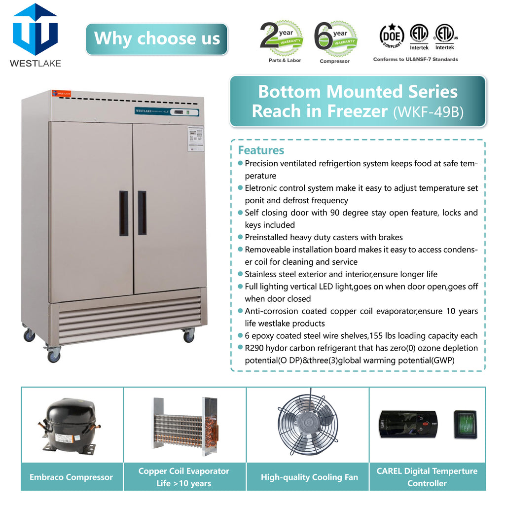 Commercial Reach in Freezer, WESTLAKE 2 door Commercial Freezer 49 Cu.ft Stainless Steel Restaurant Upright Freezer