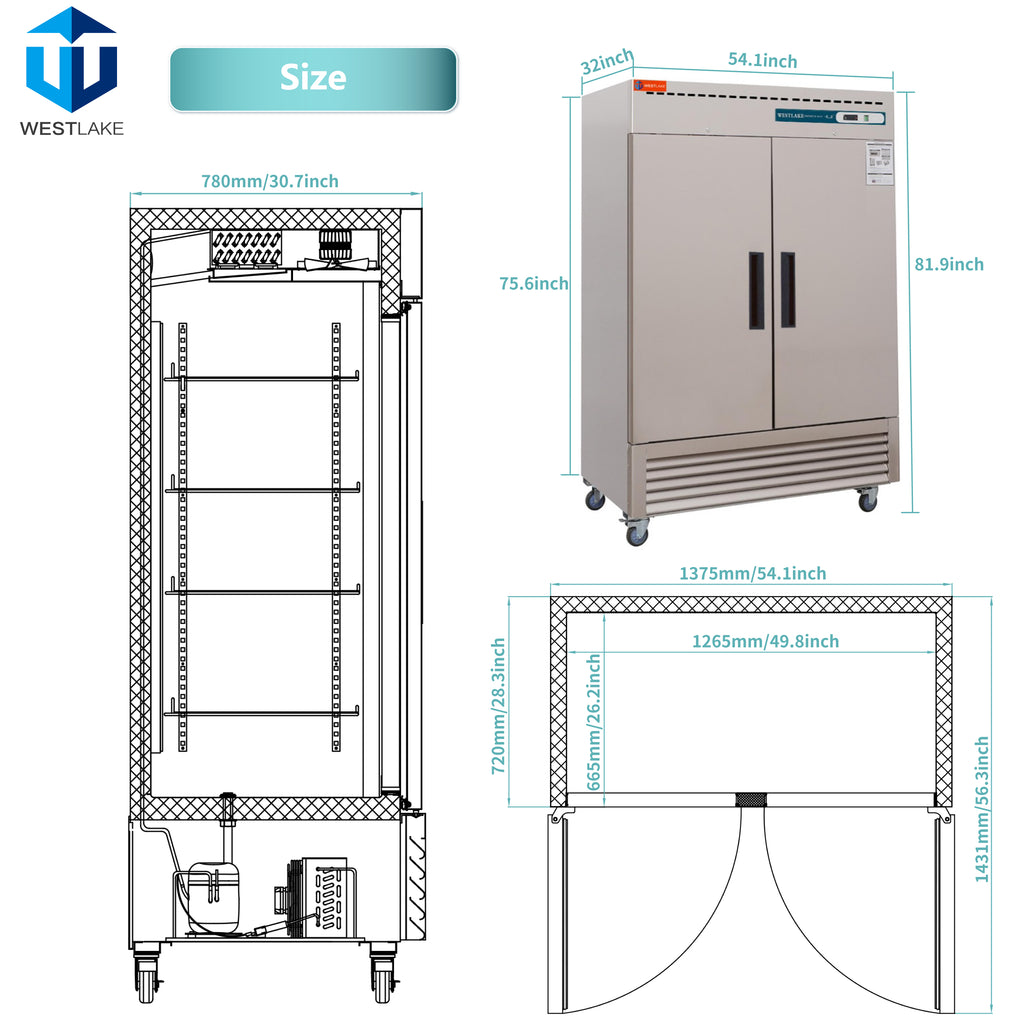 Commercial Reach in Freezer, WESTLAKE 2 door Commercial Freezer 49 Cu.ft Stainless Steel Restaurant Upright Freezer